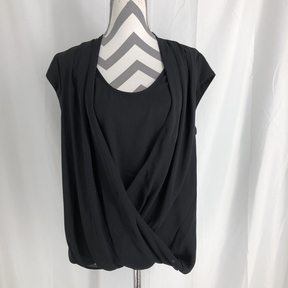 Halogen Blouse Womens Large Black Cap Sleeves Wrap Front